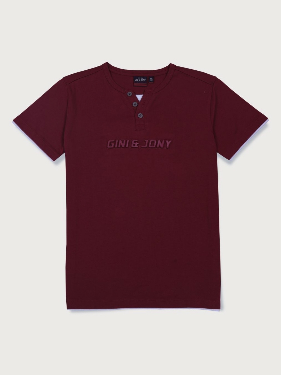 

Gini and Jony Boys Brand Logo Printed Henley Neck Cotton T-shirt, Maroon