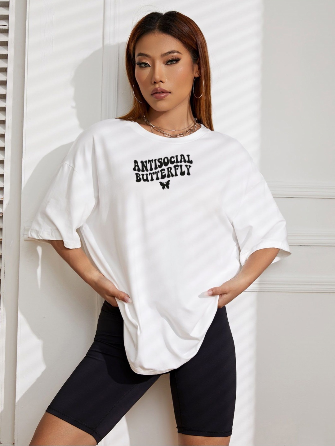 

REVEXO Women Typography Printed Round Neck Cotton Oversized T-shirt, White