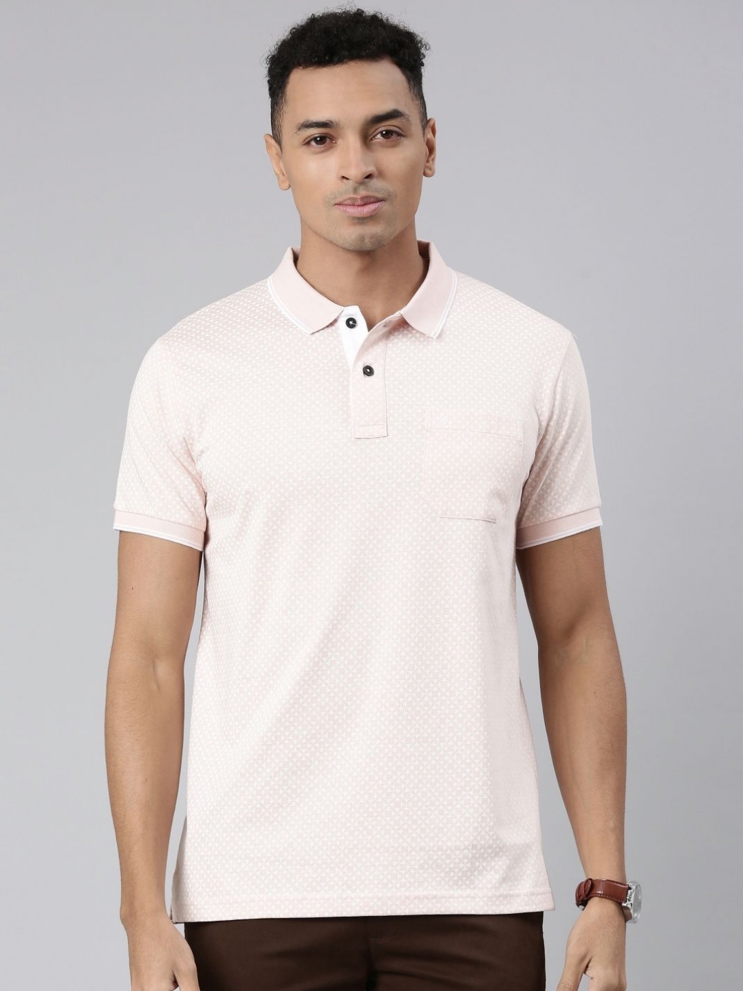 

Classic Polo Men Abstract Printed Polo Collar Cotton Slim Fit T-shirt, Beige