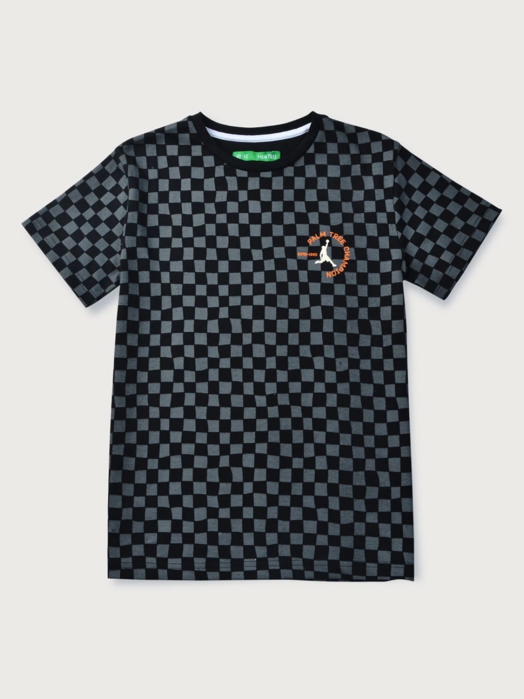 

Palm Tree Boys Checked Printed Round Neck Cotton T-Shirt, Black