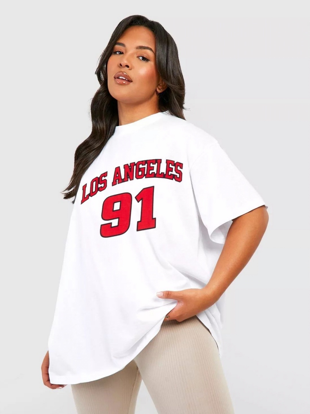 

REVEXO Women Varsity Printed Round Neck Cotton Oversized T-shirt, White