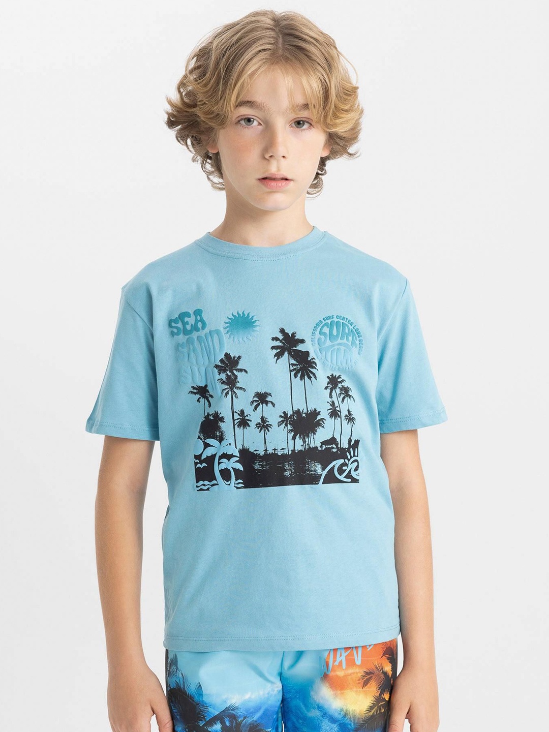 

DeFacto Boys Graphic Printed Round Neck Cotton T-shirt, Turquoise blue