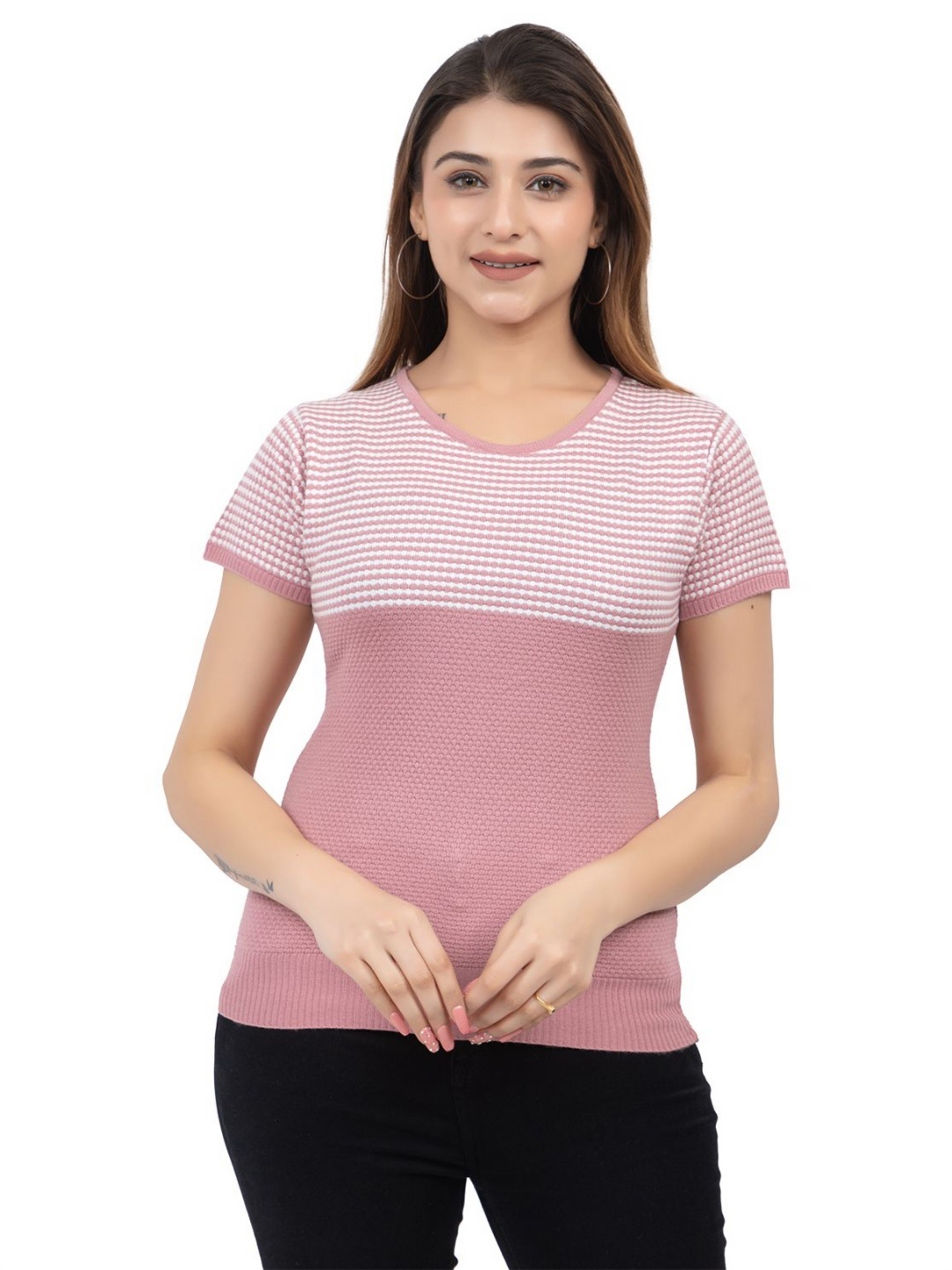 

LEZA Women Colourblocked Round Neck Cotton Slim Fit T-shirt, Pink