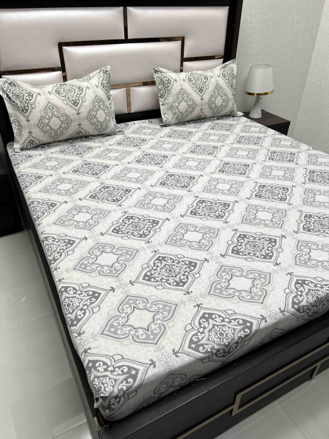

Pure Decor Passion White Ethnic Motifs Printed Cotton Queen Bedsheet & 2 Pillow Covers, Grey