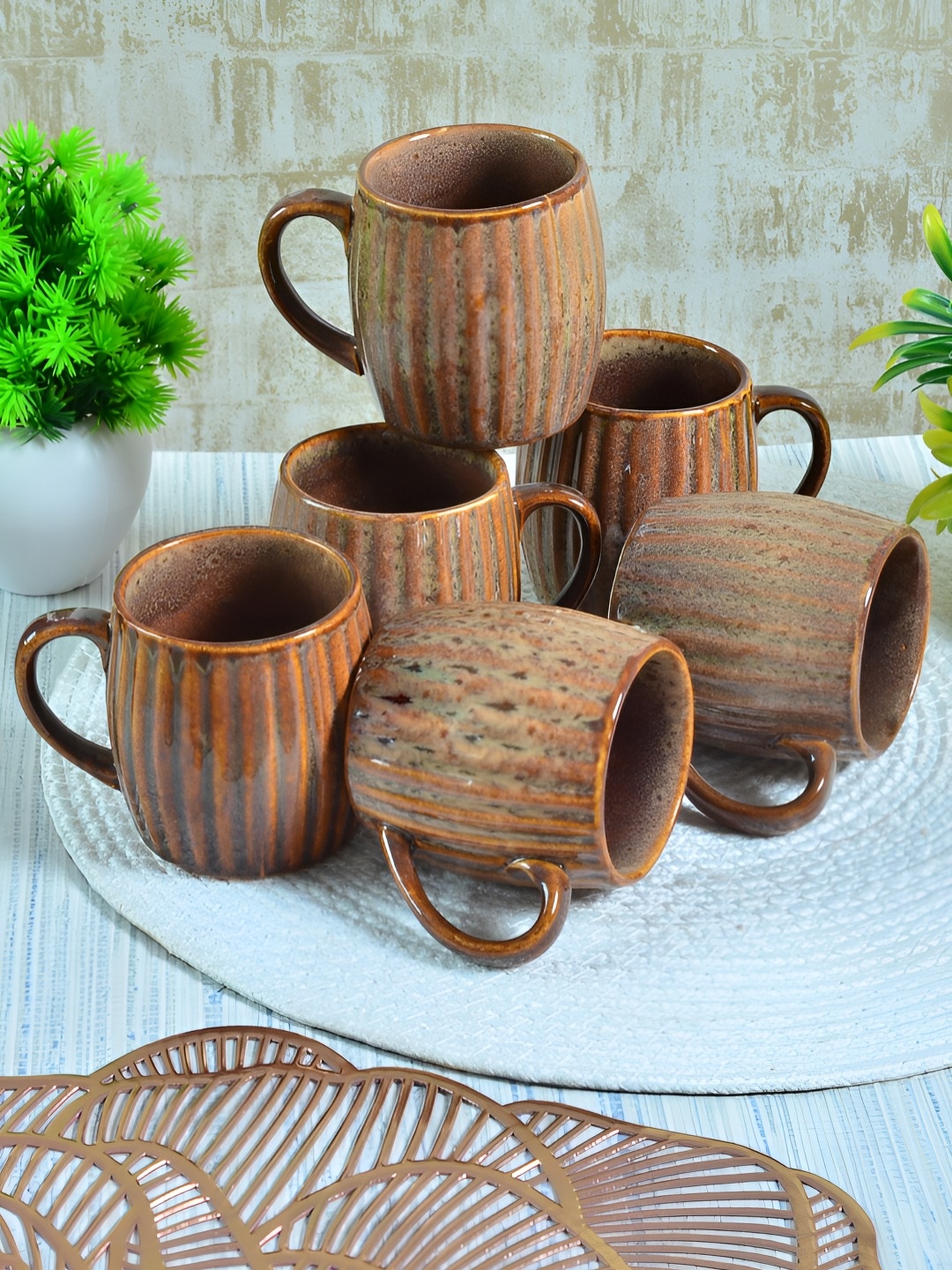 

FABINALIV Brown 6 Pieces Textured Ceramic Glossy Cups and Mugs