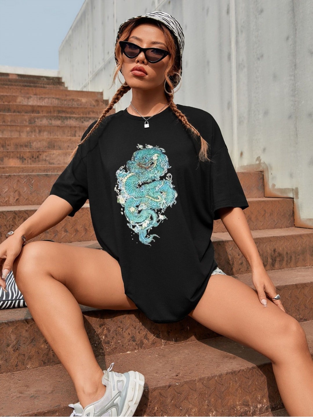 

REVEXO Women Graphic Printed Round Neck Cotton Oversized T-shirt, Black
