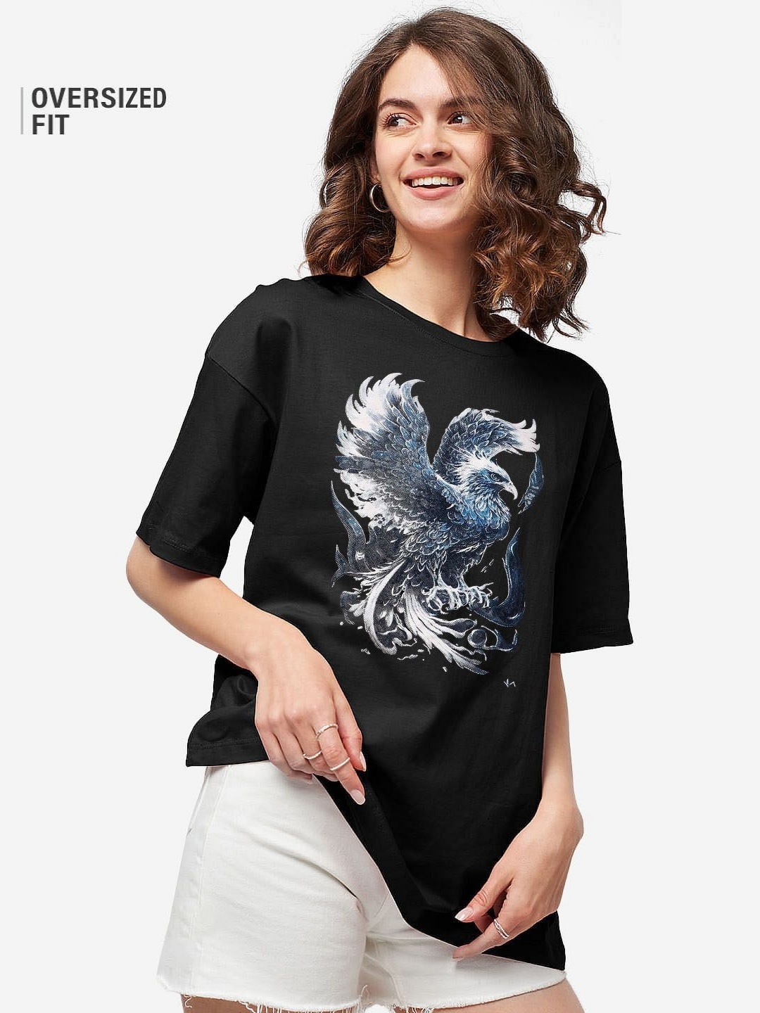 

REVEXO Women Graphic Printed Round Neck Cotton Oversized T-shirt, Black
