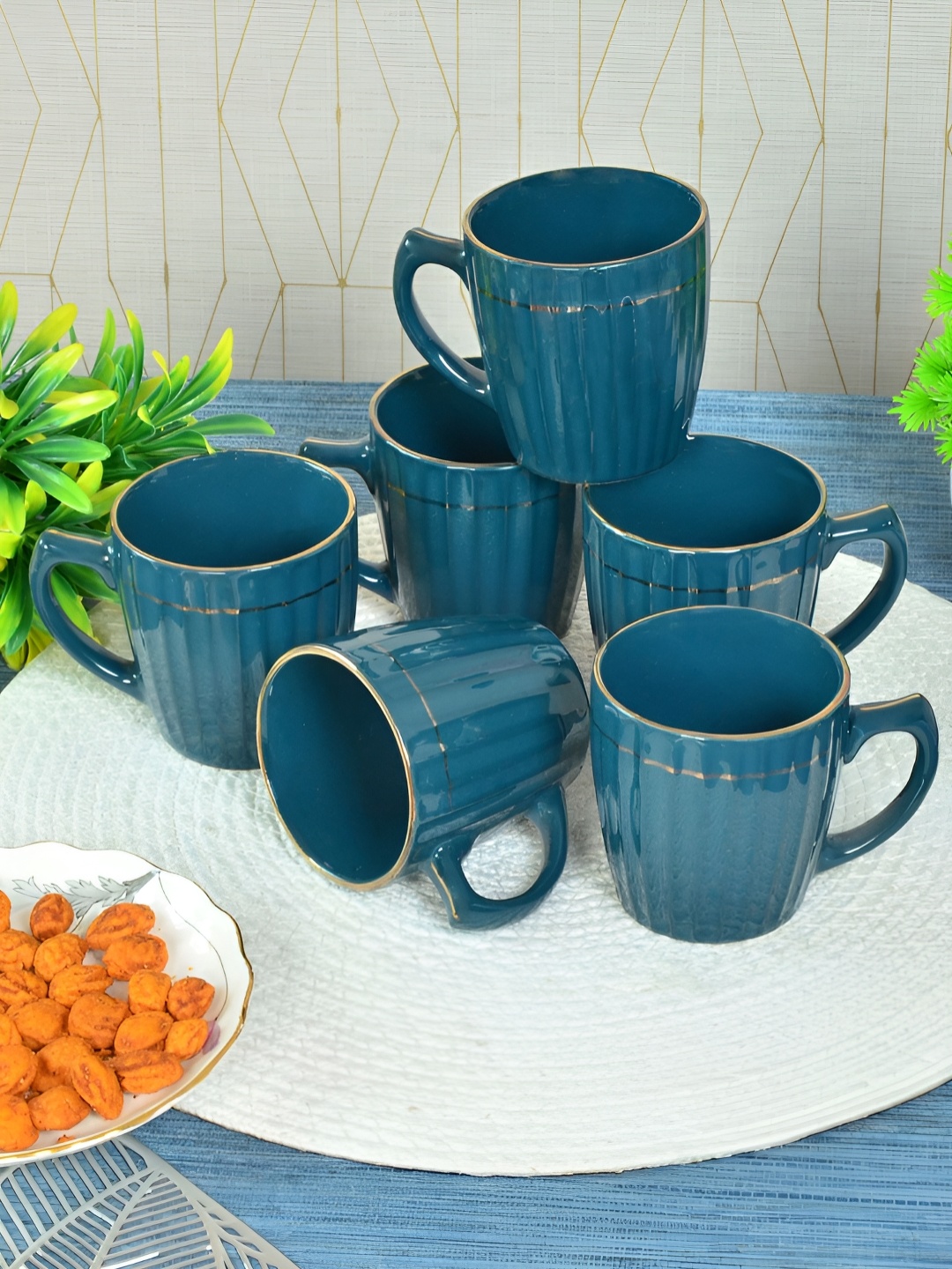 

FABINALIV Blue & Beige 6 Pieces Textured Ceramic Glossy Cups and Mugs