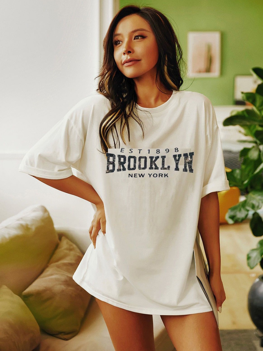 

REVEXO Women Typography Printed Raw Edge T-shirt, White