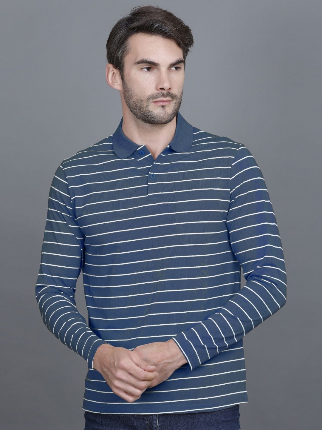 

GODFREY Men Striped Polo Collar Cotton T-shirt, Navy blue