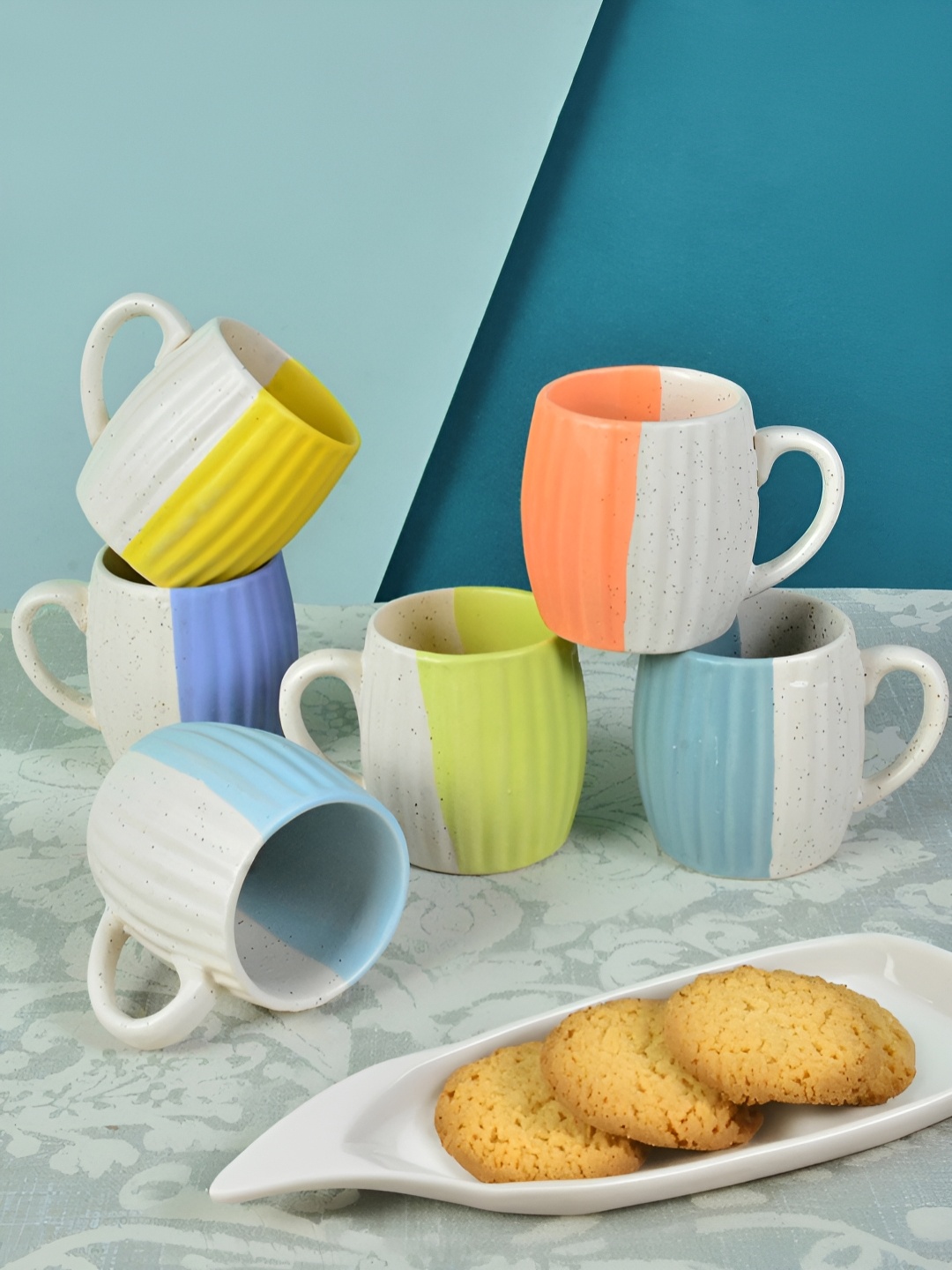 

FABINALIV White & Green 6 Pieces Textured Ceramic Matte Cups and Mugs