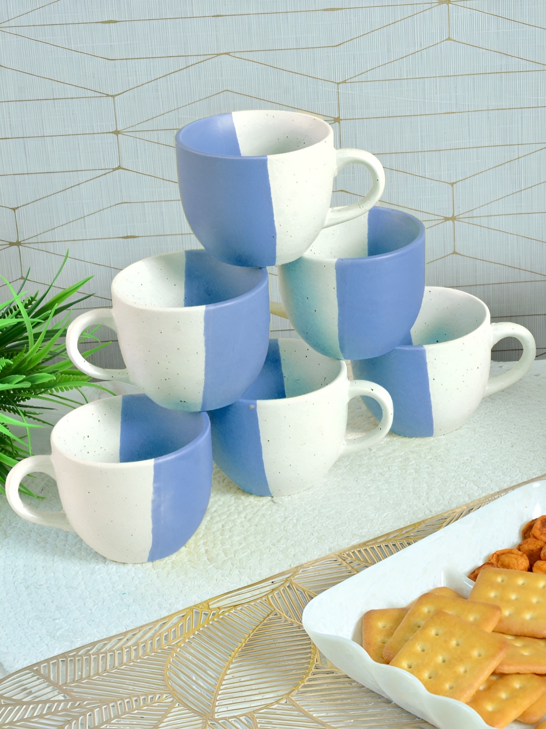 

FABINALIV Blue & White 6 Pieces Textured Ceramic Matte Cups and Mugs