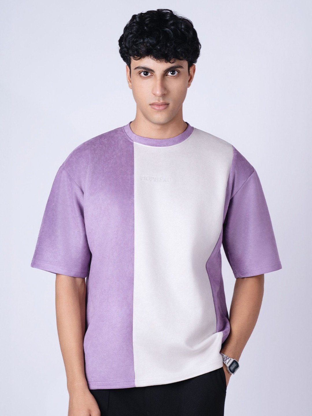 

HOP HEAD Unisex Colourblocked Round Neck Relaxed Fit T-shirt, Purple