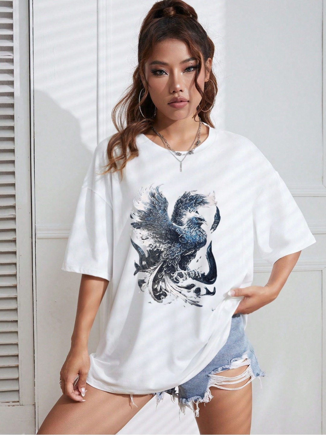 

REVEXO Women Graphic Printed Round Neck Cotton Oversized T-shirt, White