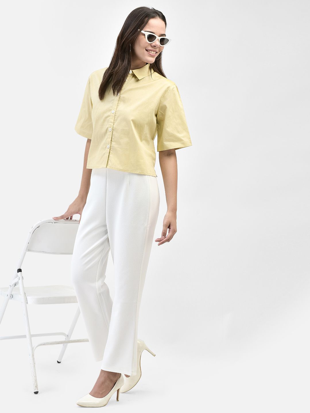 

FUTURO Women Solid Shirt Collar Top, Yellow