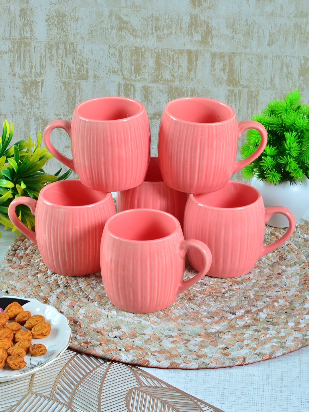 

FABINALIV Pink 6 Pieces Textured Ceramic Glossy Cups and Mugs