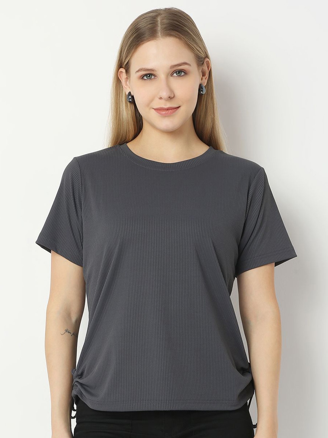 

Smarty Pants Women Solid Round Neck Cotton Top, Grey