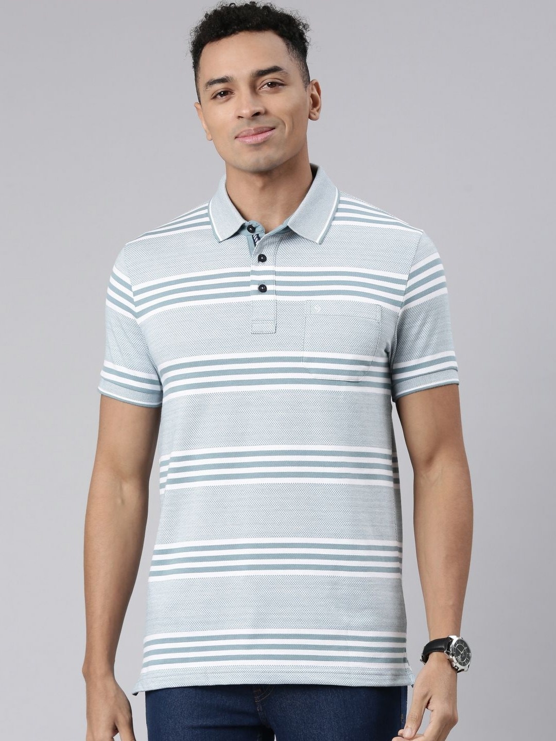 

Classic Polo Men Striped Polo Collar Cotton Slim Fit T-shirt, Blue