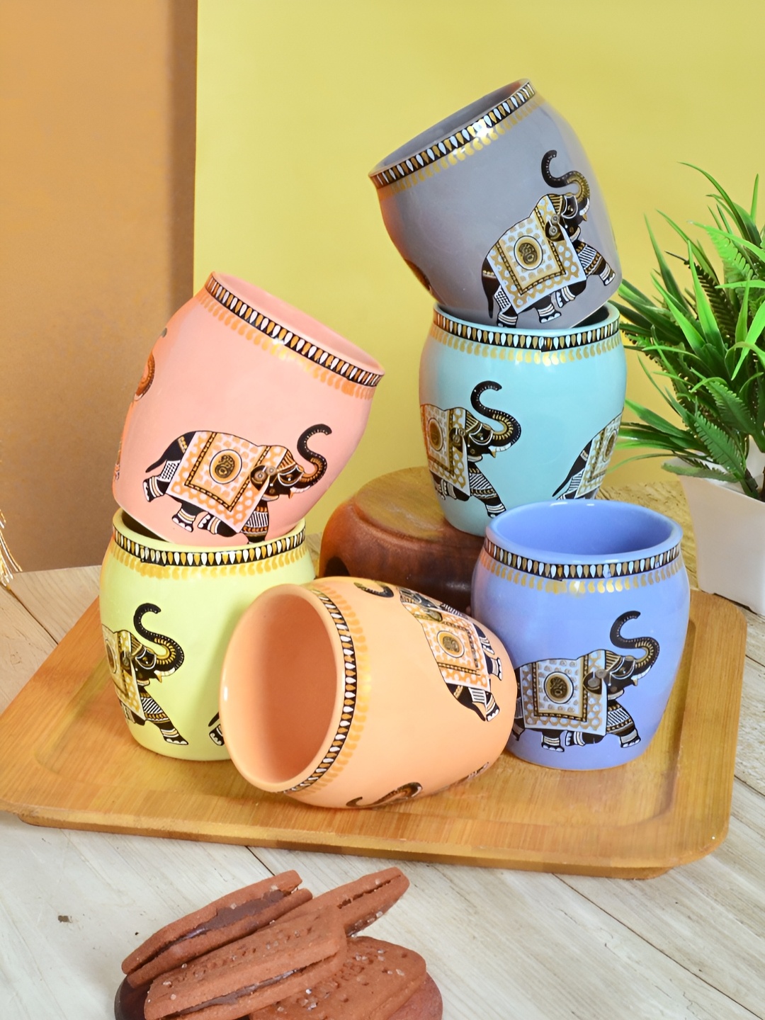 

FABINALIV Blue & Grey 6 Pieces Printed Ceramic Glossy Kulladhs Set of Cups and Mugs