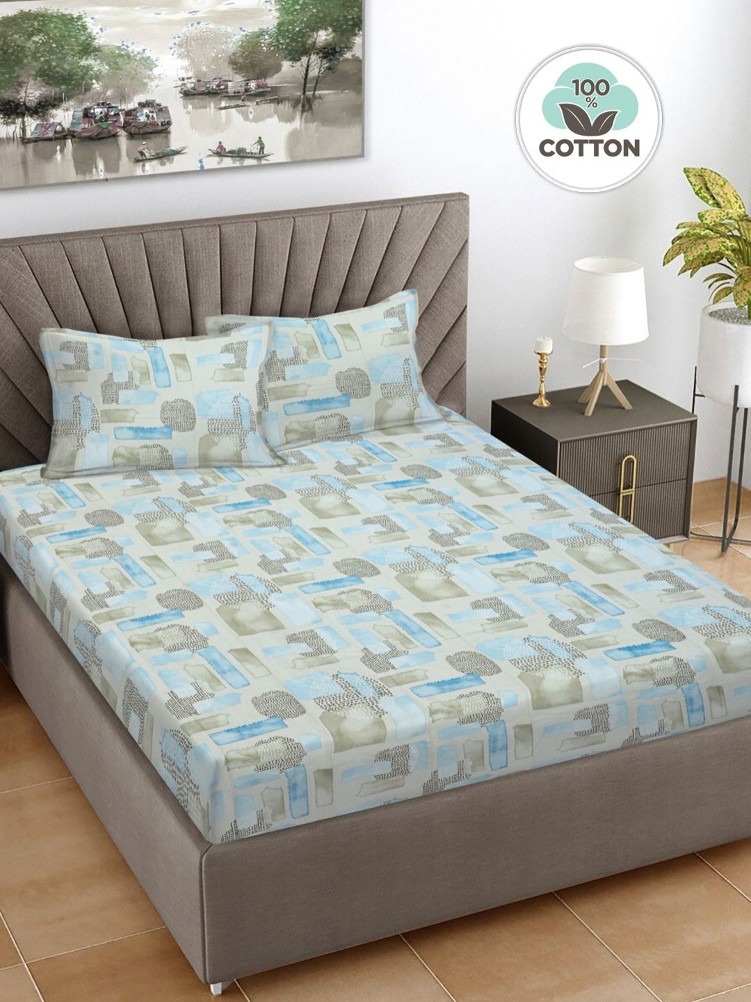 

FABINALIV Green & Blue Geometric Print Cotton Super King Size Bedsheet & 2 Pillow Covers