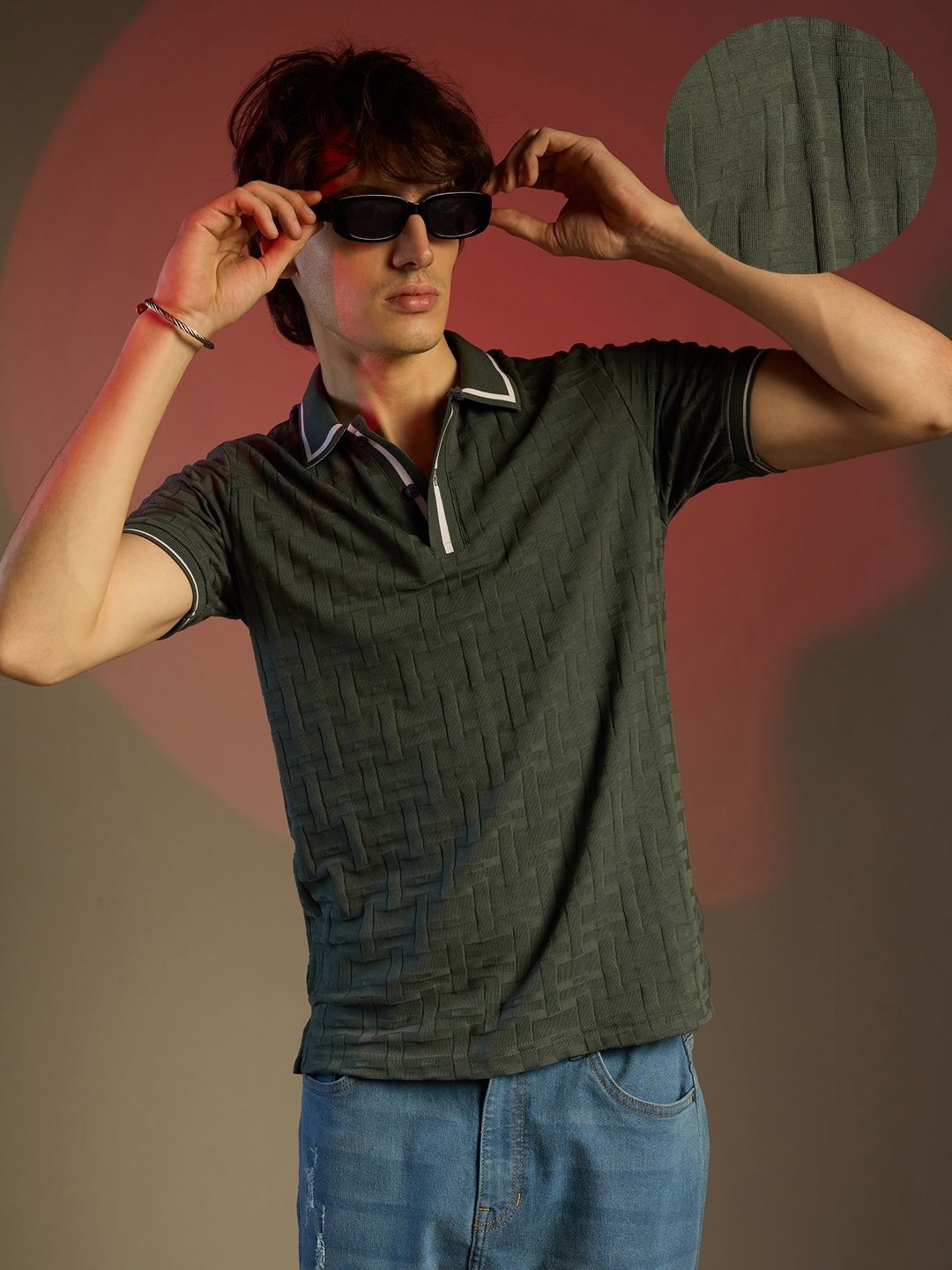 

Campus Sutra Men Self Design Polo Collar Cotton T-shirt, Green