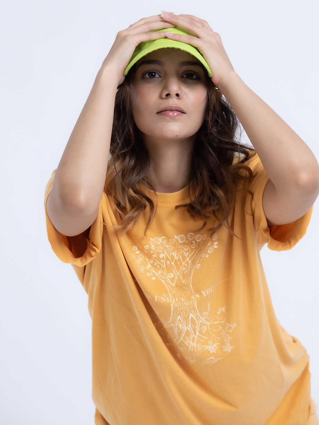 

PURPLE POTATO Women Graphic Printed Round Neck Oversized T-shirt, Yellow