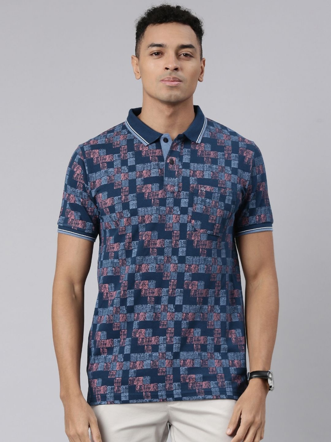 

Classic Polo Men Geometric Printed Polo Collar Cotton Slim Fit T-shirt, Blue