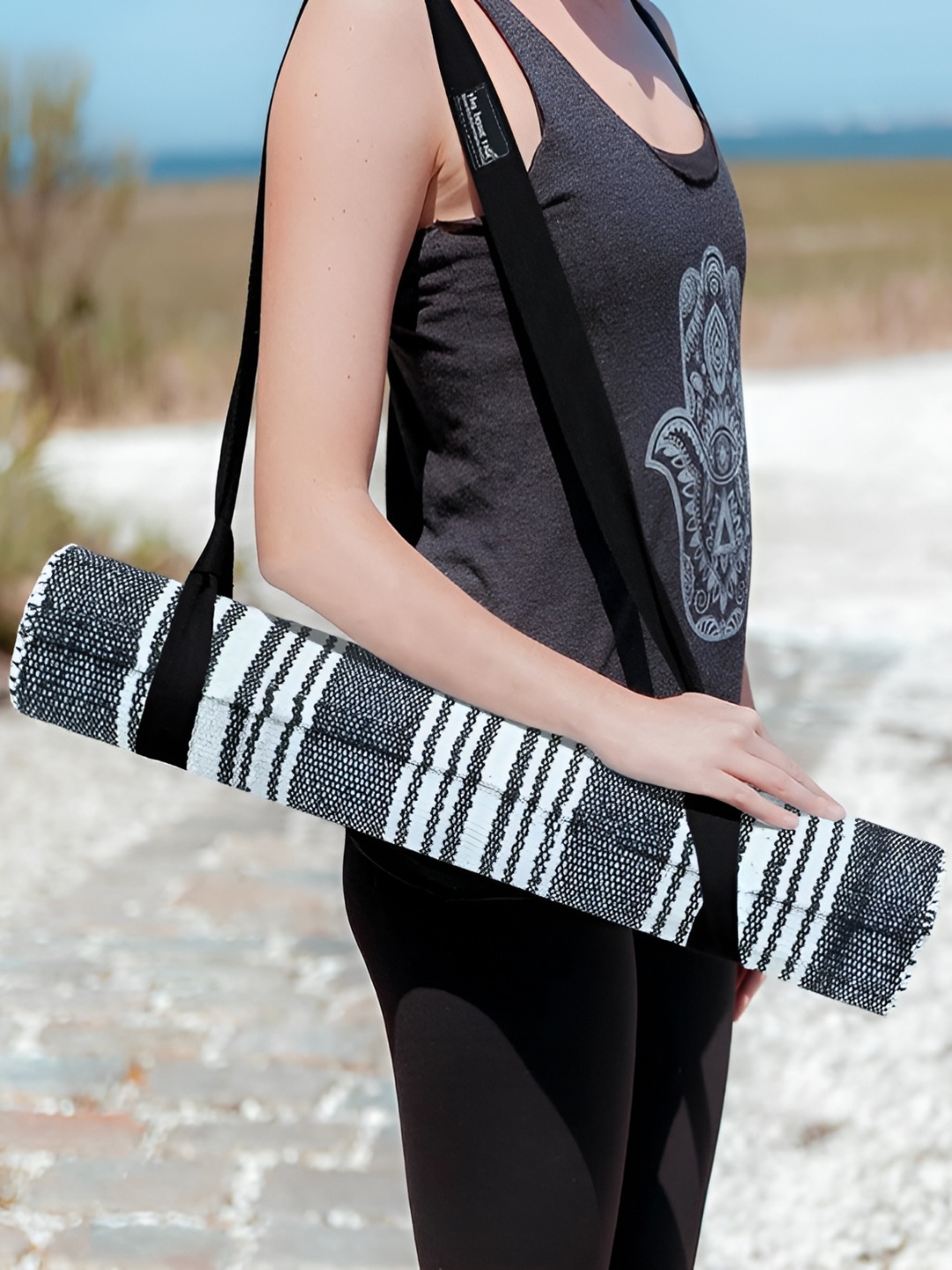 

THE HOME TALK Charcoal & White Striped Cotton Yoga Mat