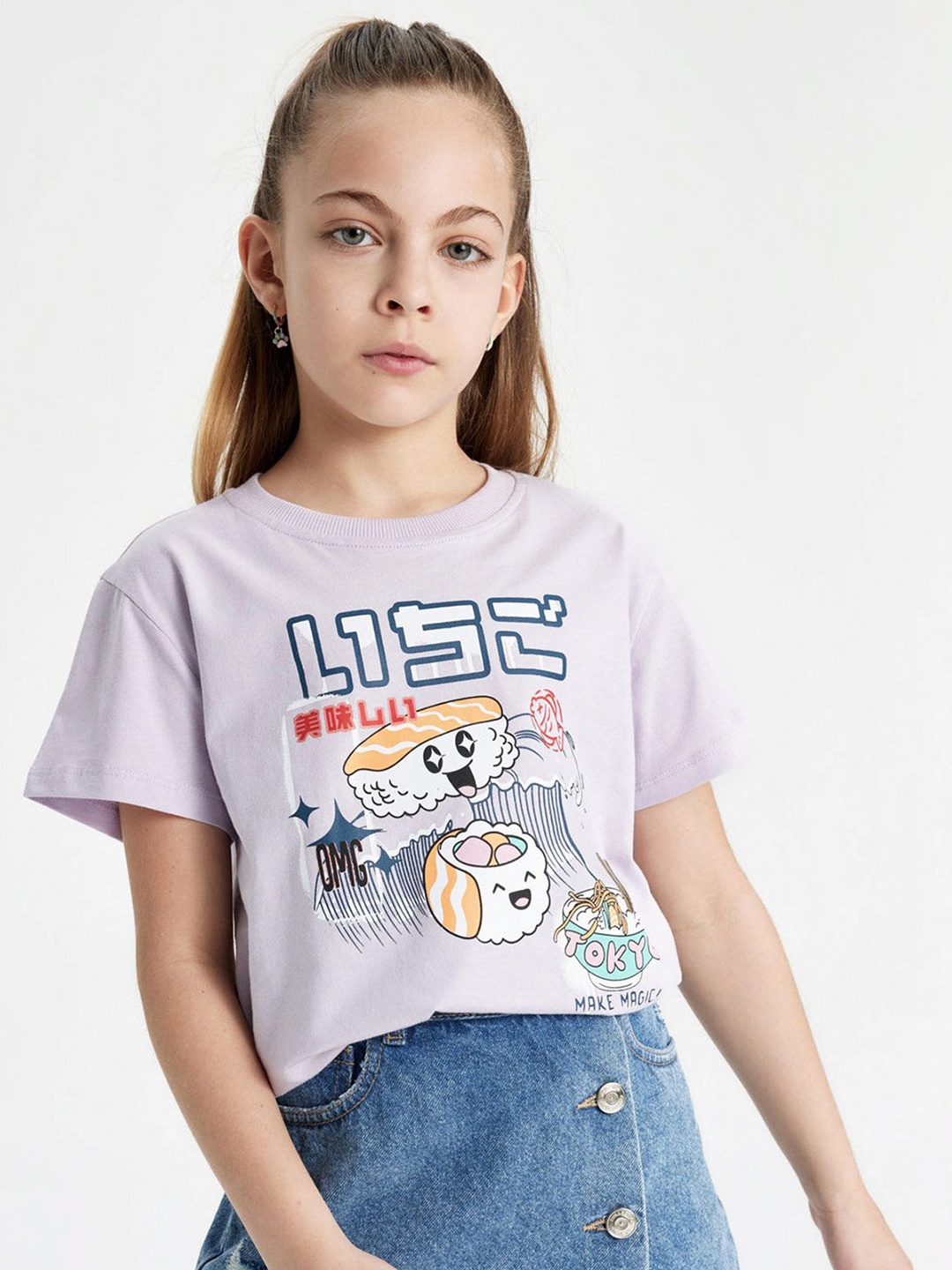 

DeFacto Girls Graphic Printed Round Neck Cotton T-shirt, Purple