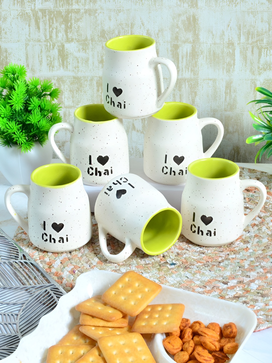 

FABINALIV Green & White 6 Pieces Solid Ceramic Matte Cups and Mugs