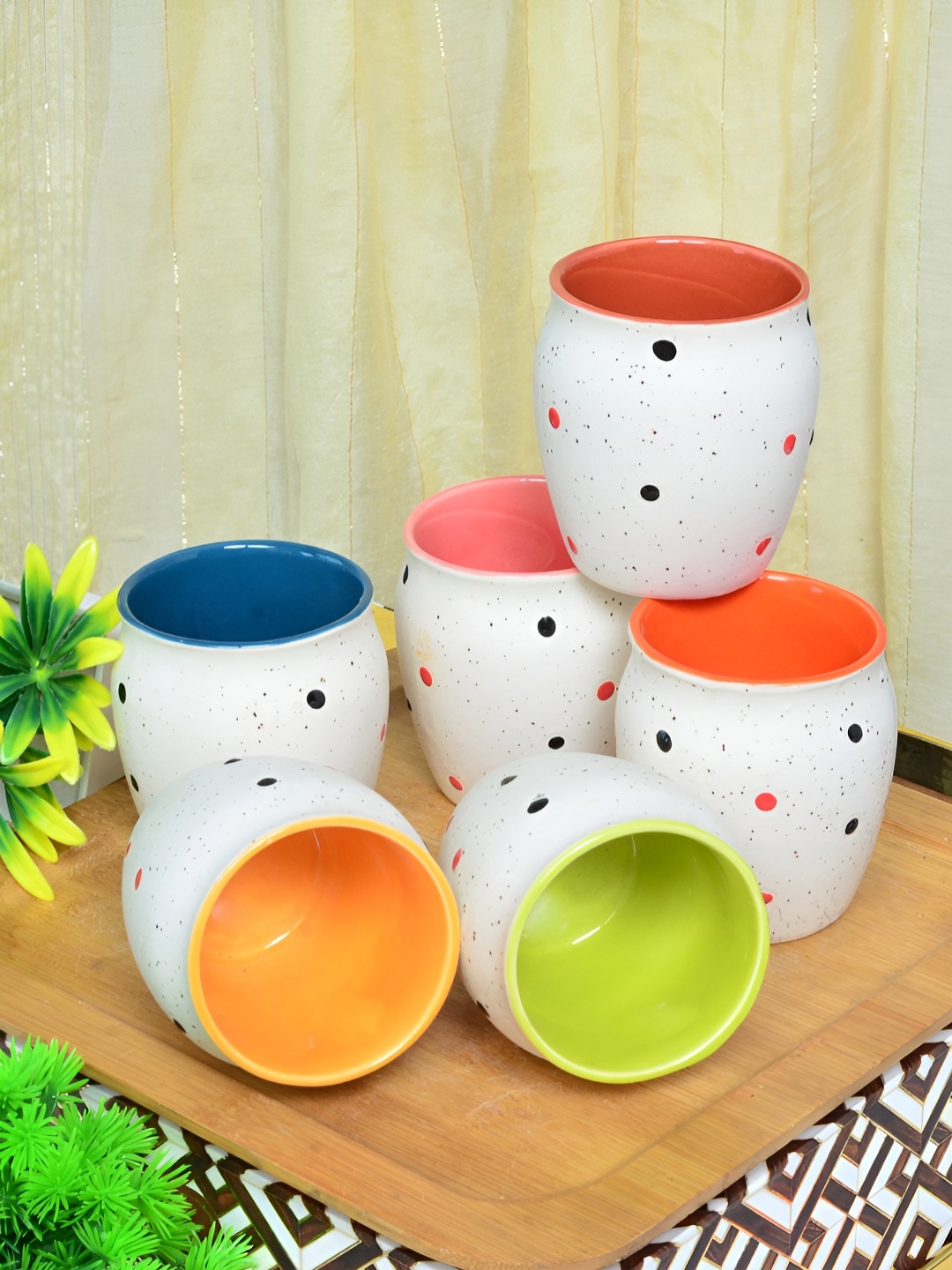 

FABINALIV White & Blue Printed Ceramic Matte Kulladhs Set of Cups and Mugs