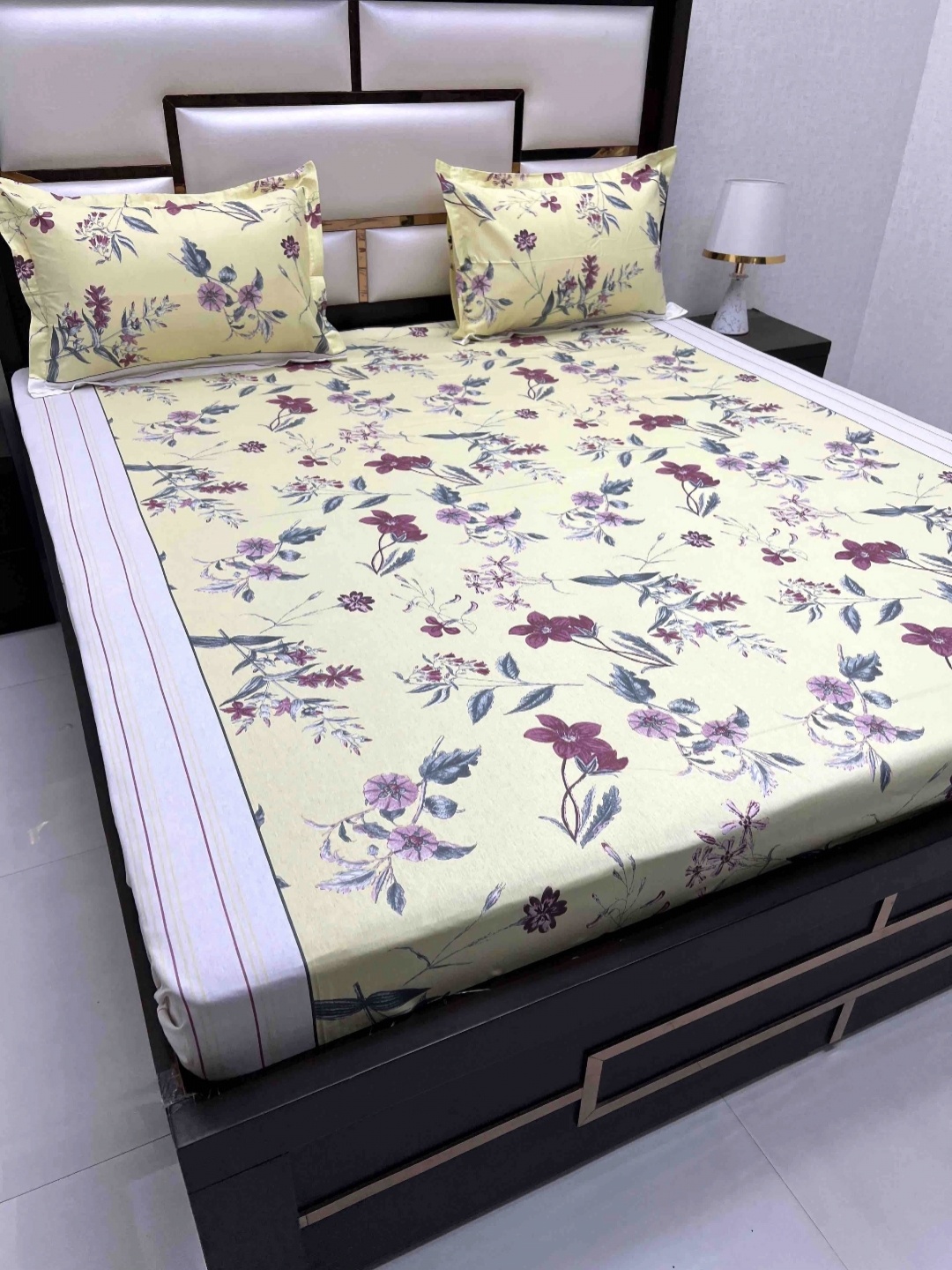 

Pure Decor Royal Velar Yellow Printed 330 TC Cotton King Bedsheet with 2 Pillow Covers