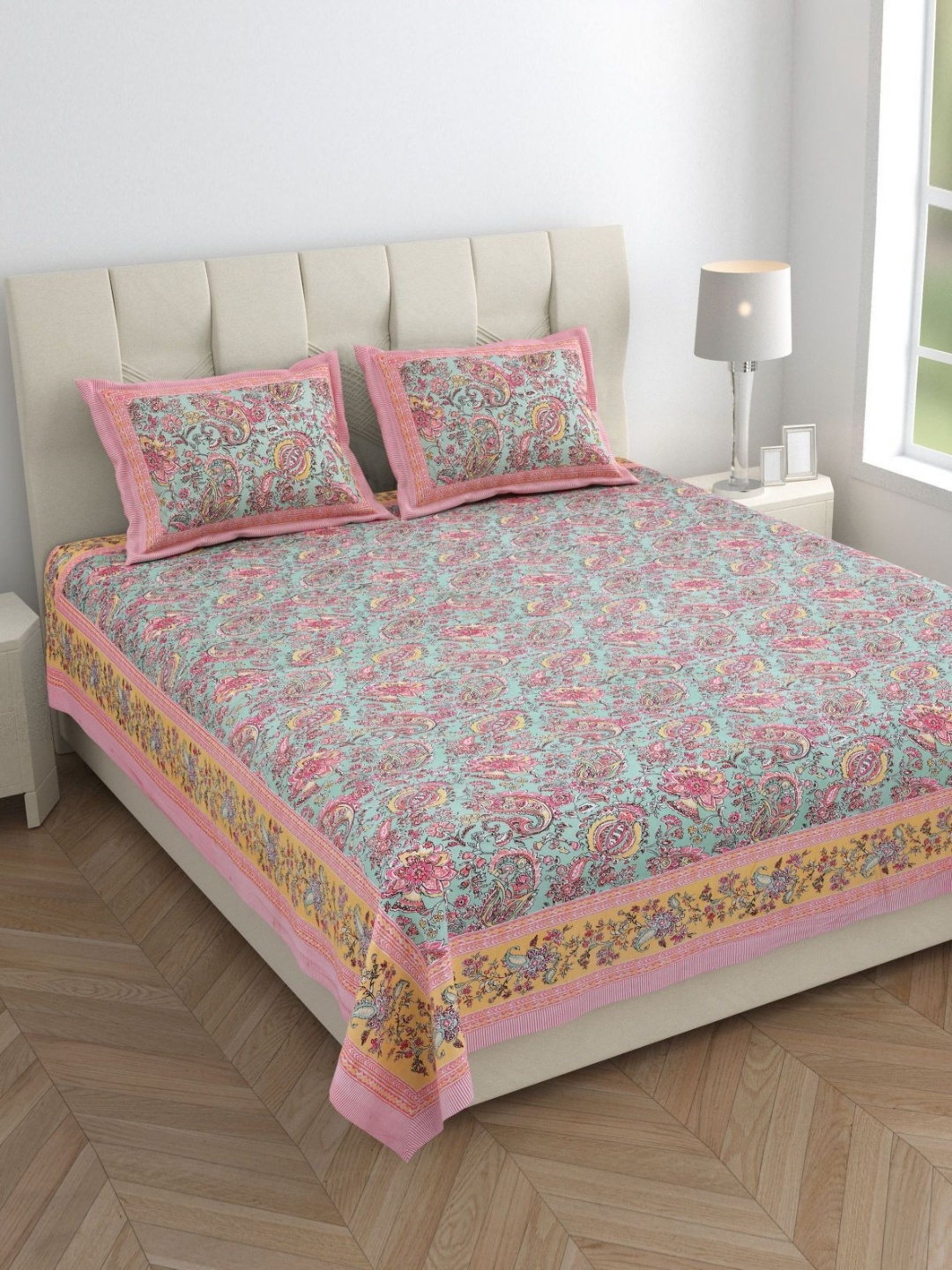 

Urban Jaipur jaypore Pink Floral Printed 210 TC Cotton King Bedsheet with 2 Pillow Covers