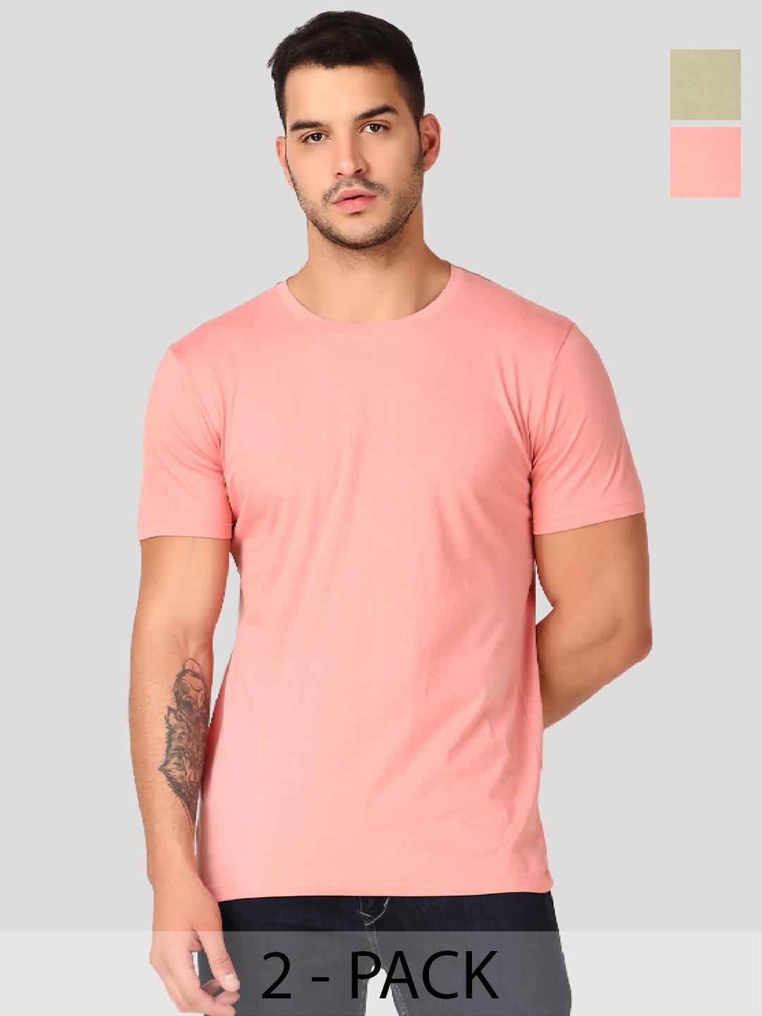 

inner element Men Pack Of 2 Bio Finish Solid Round Neck Cotton T-shirts, Pink