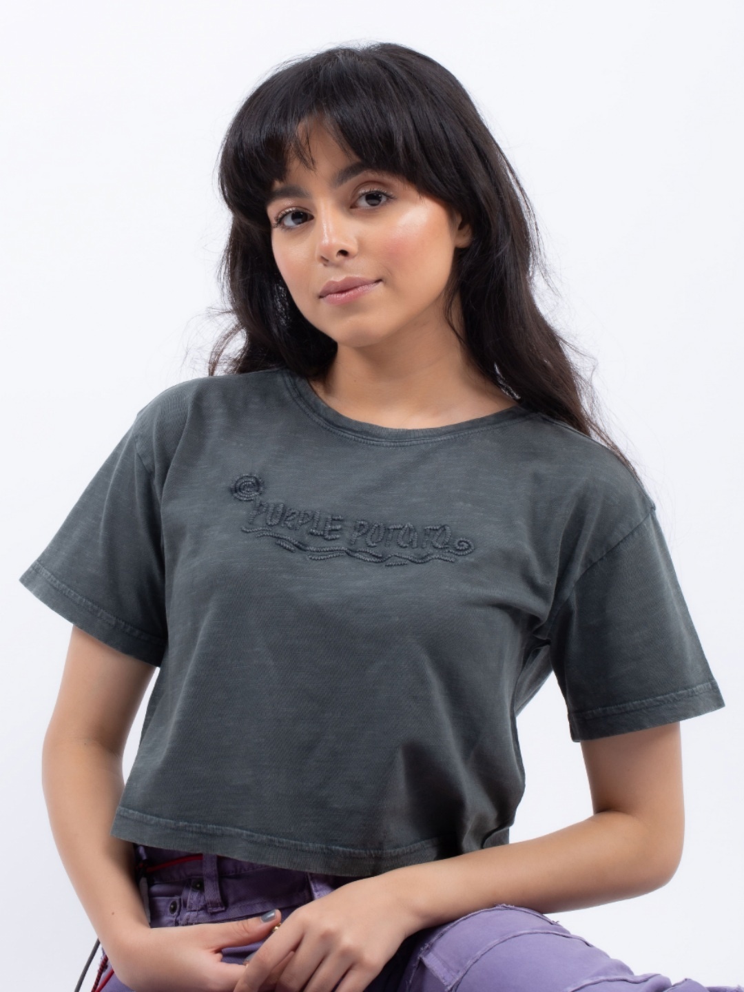 

PURPLE POTATO Women Brand Logo Printed Round Neck Cotton Boxy T-shirt, Grey