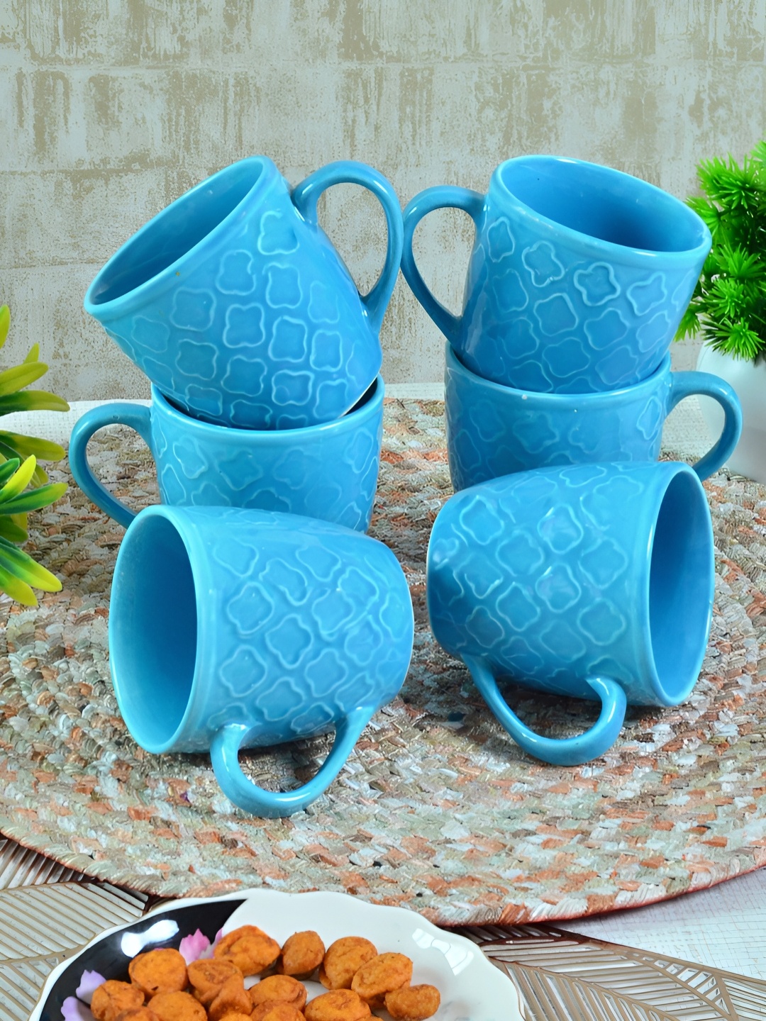 

FABINALIV Blue 6 Pieces Textured Ceramic Glossy Cups and Mugs