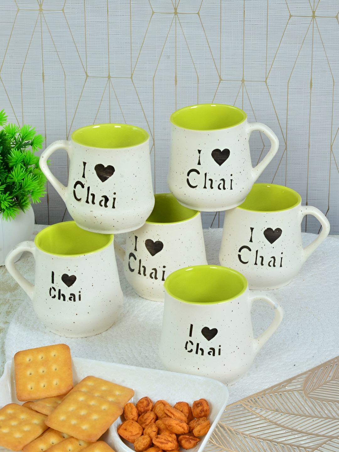 

FABINALIV Green & White 6 Pieces Solid Ceramic Matte Cups and Mugs
