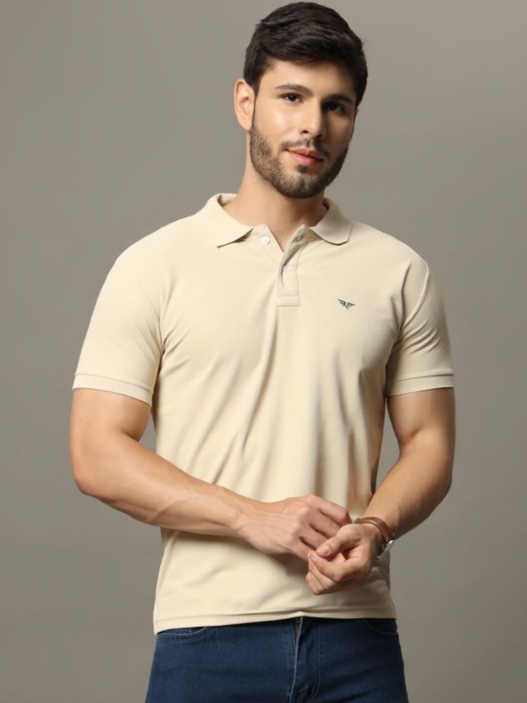 

RISS Men Solid Polo Collar Cotton T-shirt, Cream