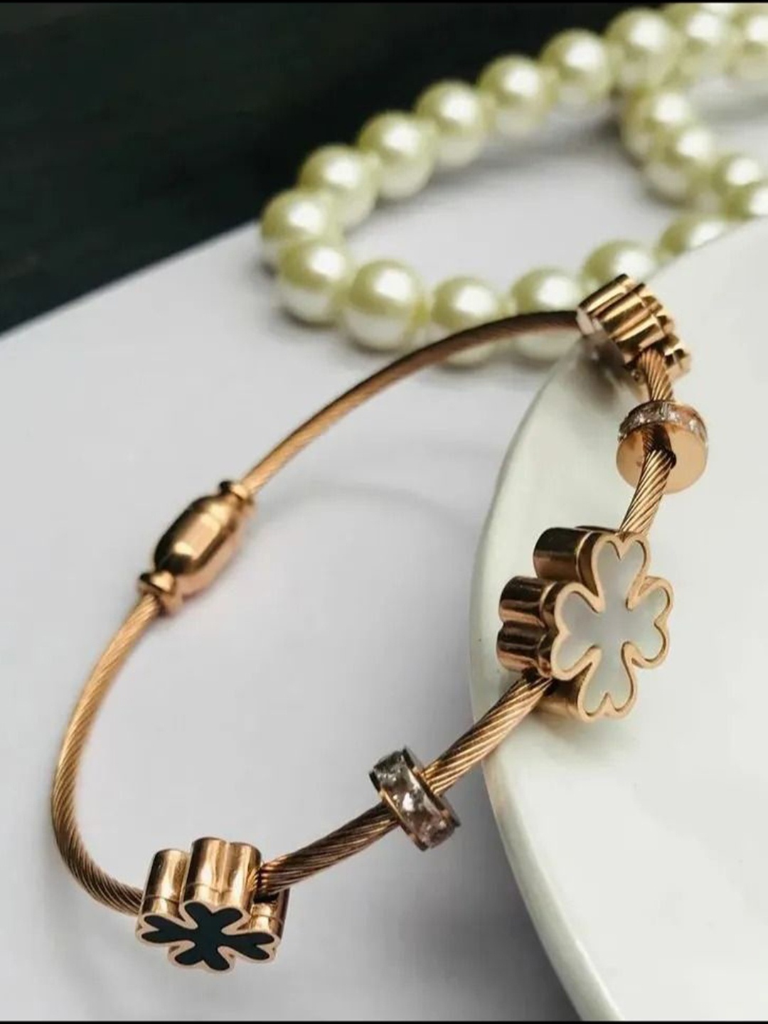 

V FASHION JEWELLERY Rose Gold-Plated Cubic Zirconia Bangle-Style Bracelet
