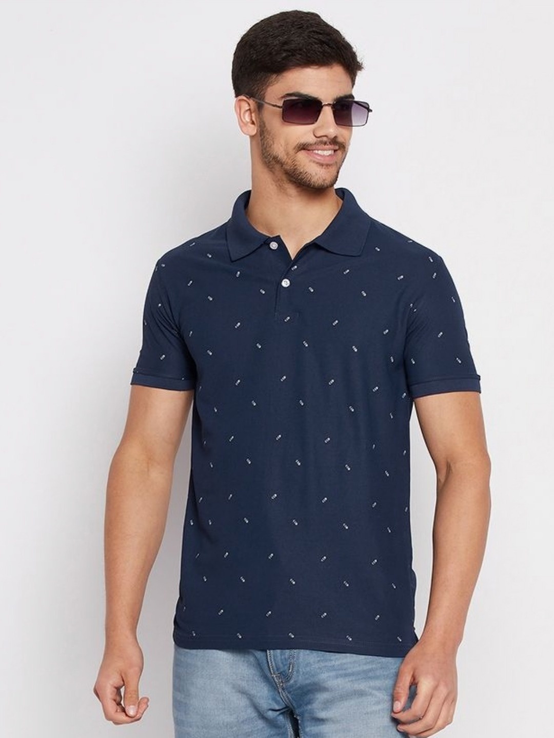 

RISS Men Geometric Printed Polo Collar Cotton T-shirt, Navy blue