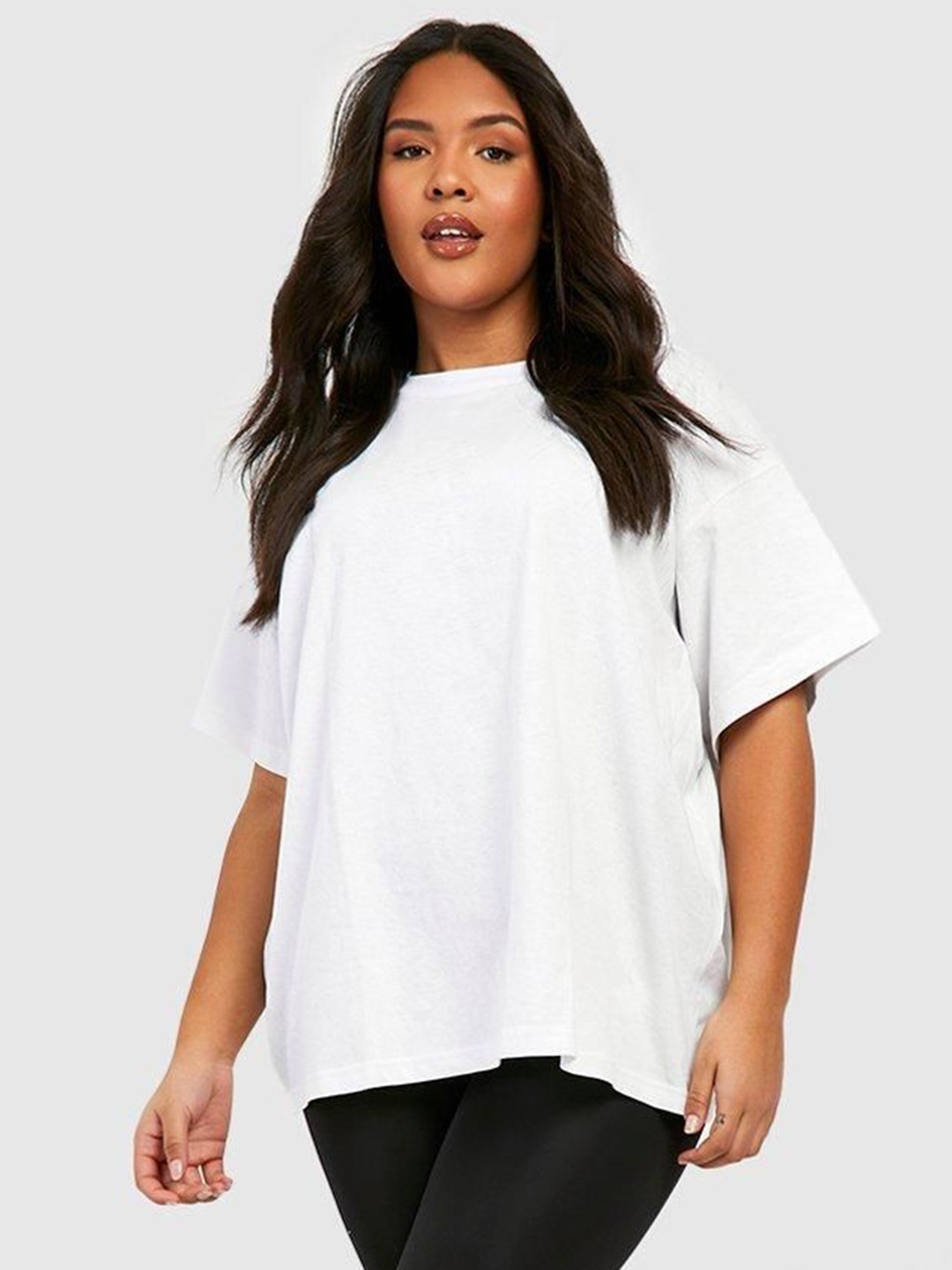 

REVEXO Women Solid Round Neck Cotton Oversized T-shirt, White