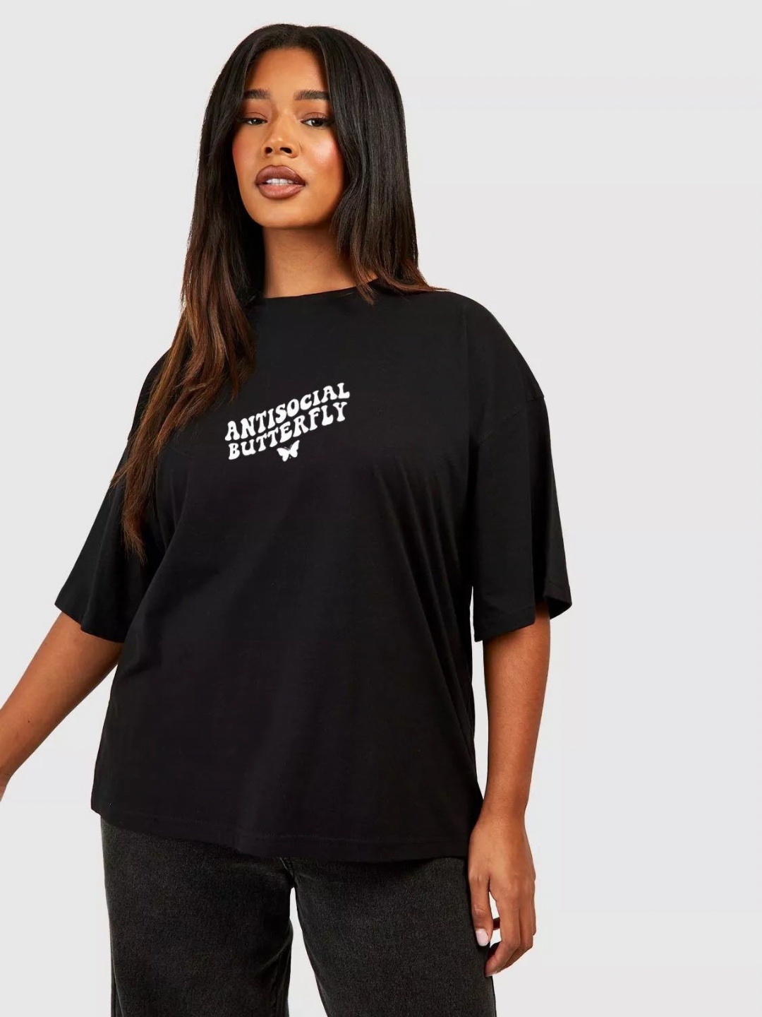 

REVEXO Women Typography Printed Round Neck Cotton Oversized T-shirt, Black