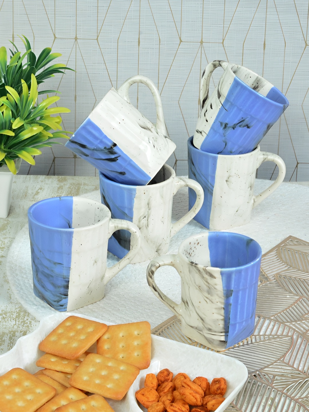 

FABINALIV Blue & White 6 Pieces Textured Ceramic Matte Cups and Mugs