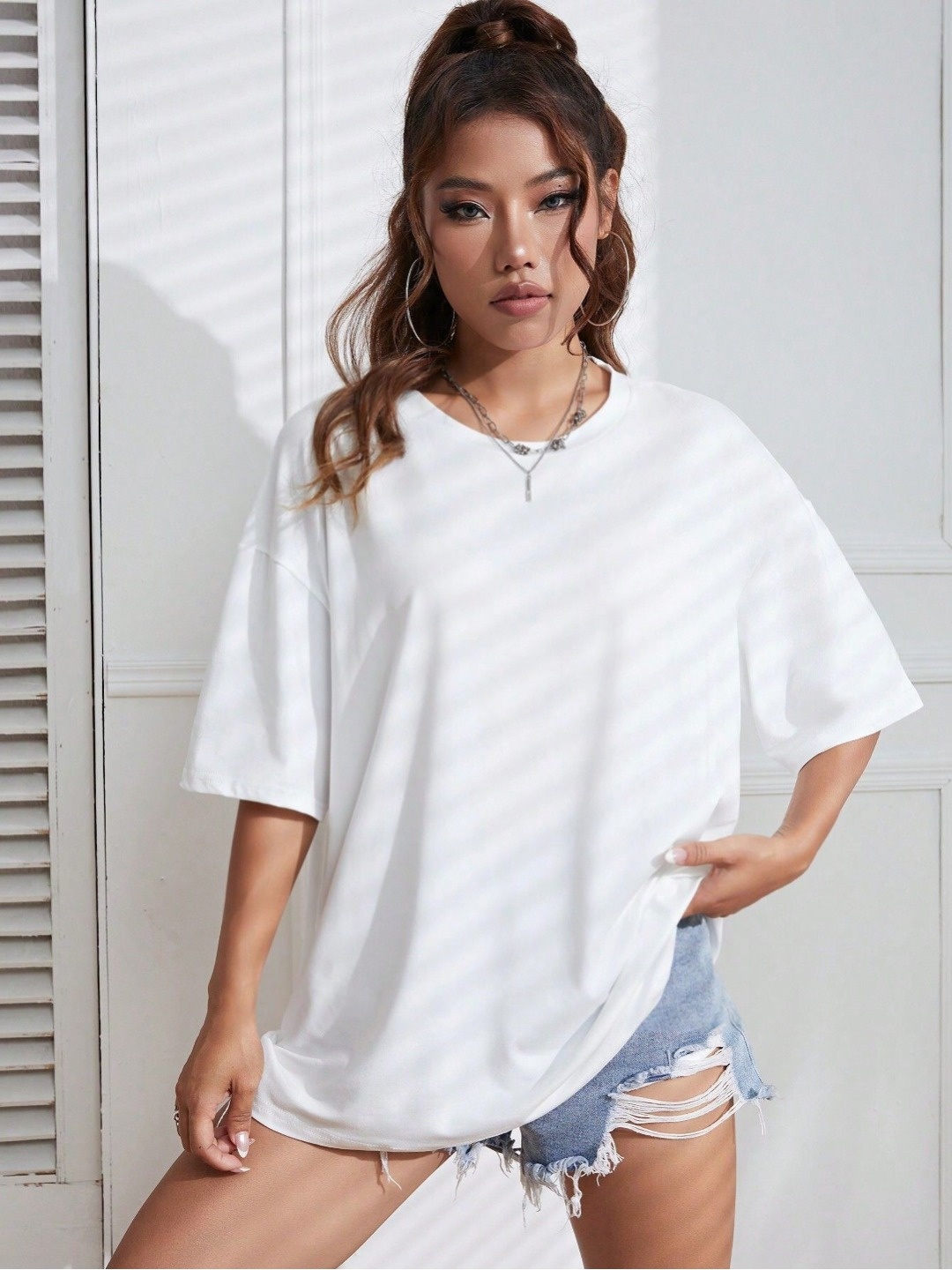 

REVEXO Women Solid Round Neck Cotton Oversized T-shirt, White