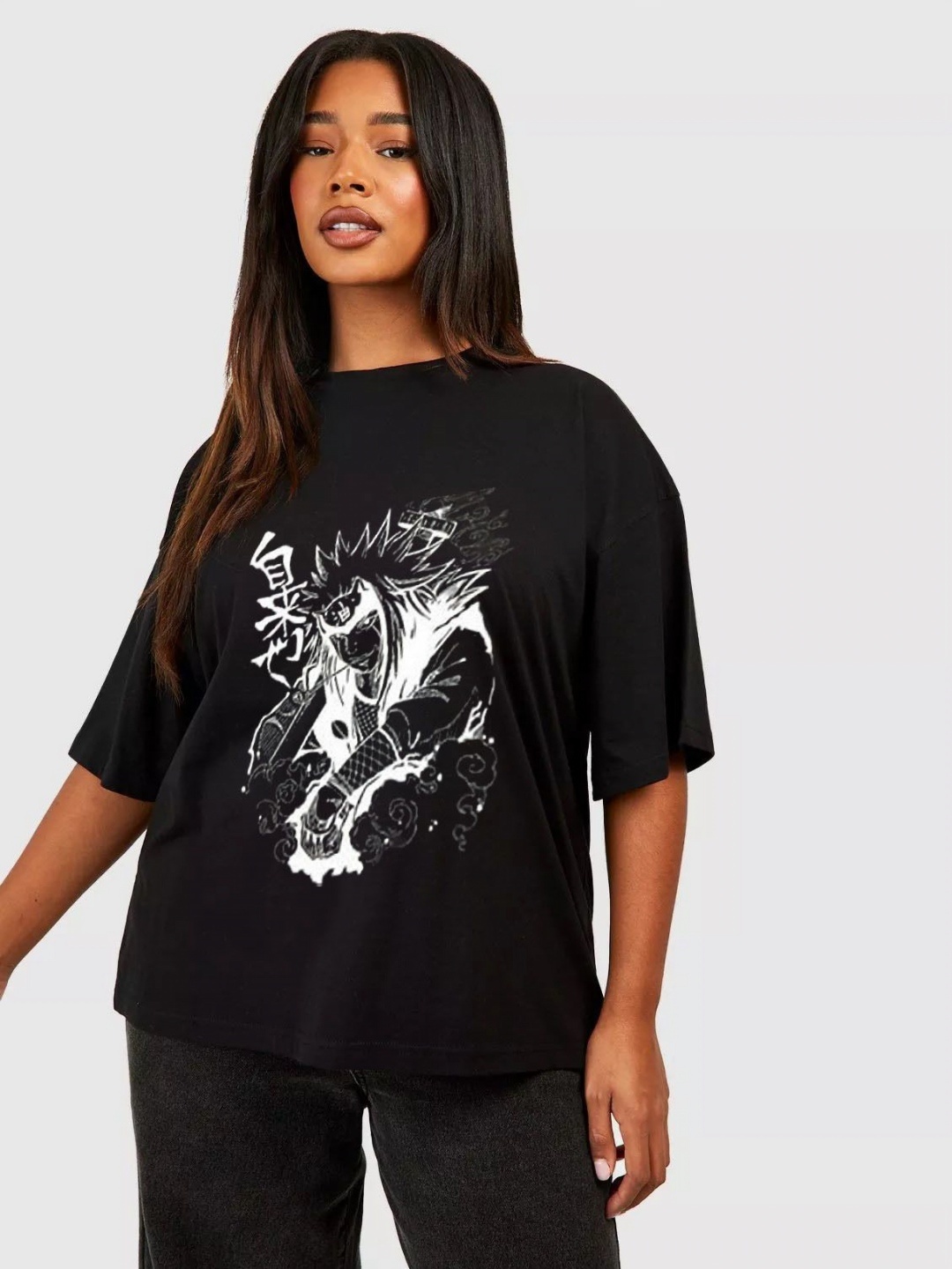 

REVEXO Women Graphic Printed Round Neck Cotton Oversized T-shirt, Black