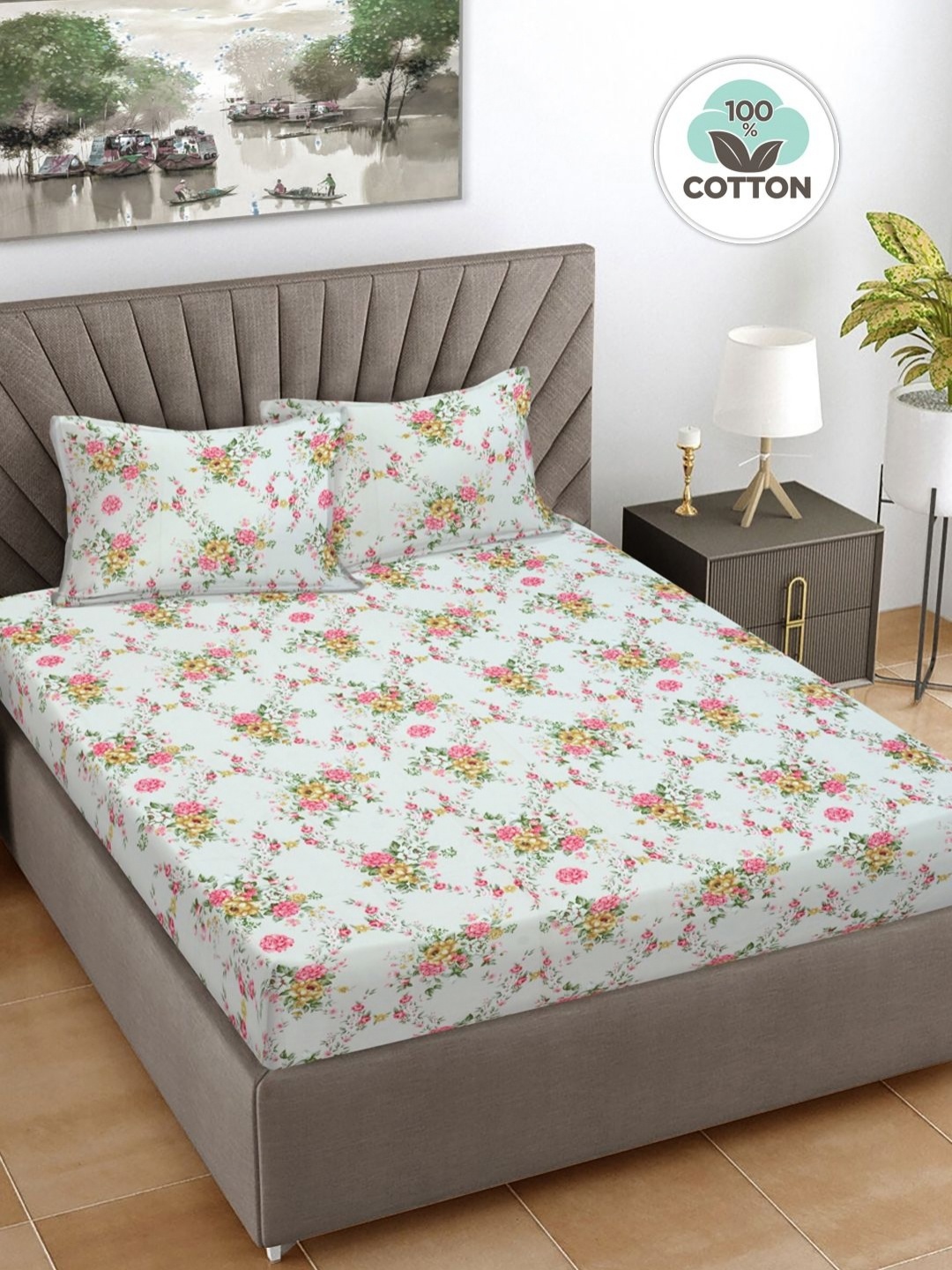 

FABINALIV Pink & Green Floral Print Cotton Super King Size Bedsheet & 2 Pillow Covers