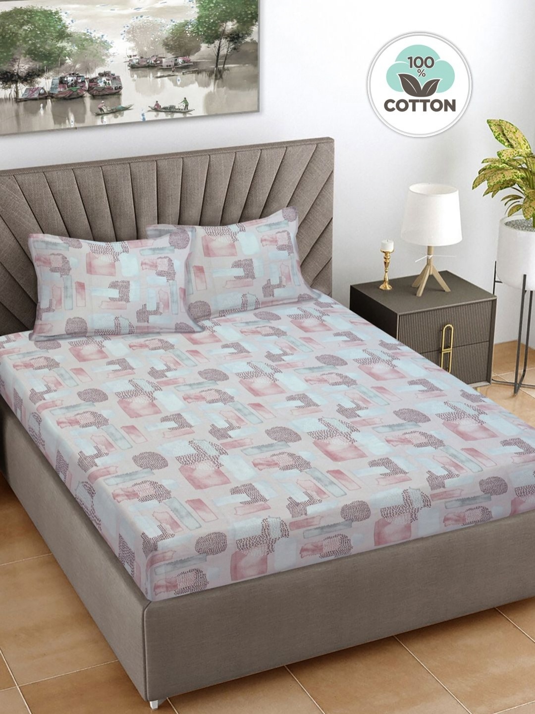 

FABINALIV Pink & Grey Geometric Print Cotton Super King Size Bedsheet & 2 Pillow Covers