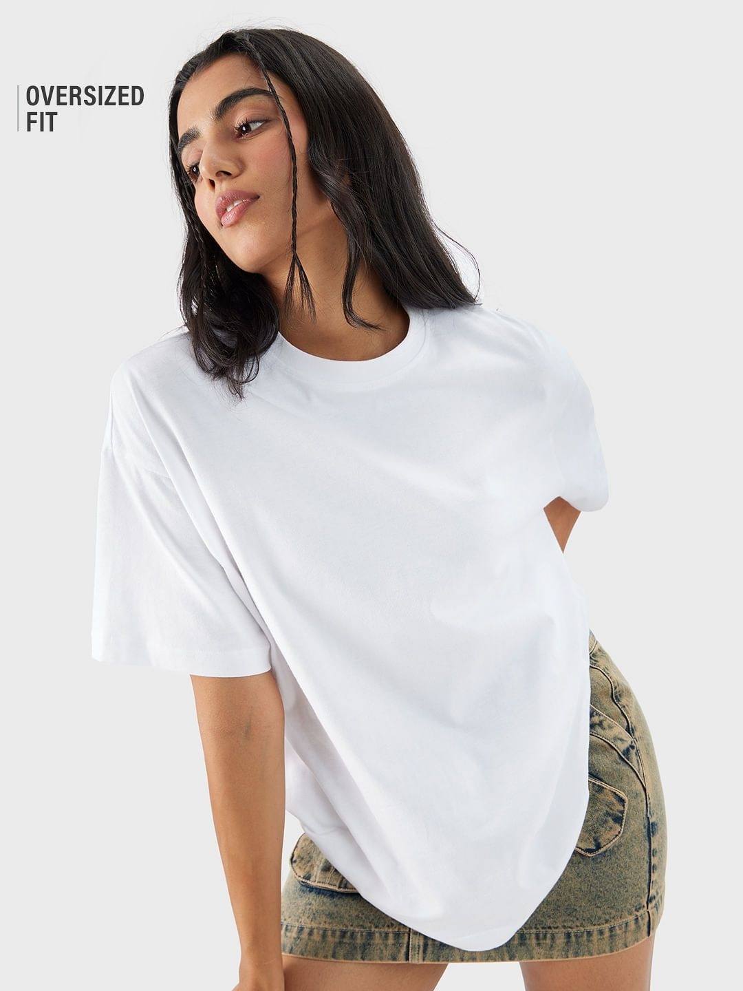 

REVEXO Women Solid Round Neck Cotton Oversized T-shirt, White