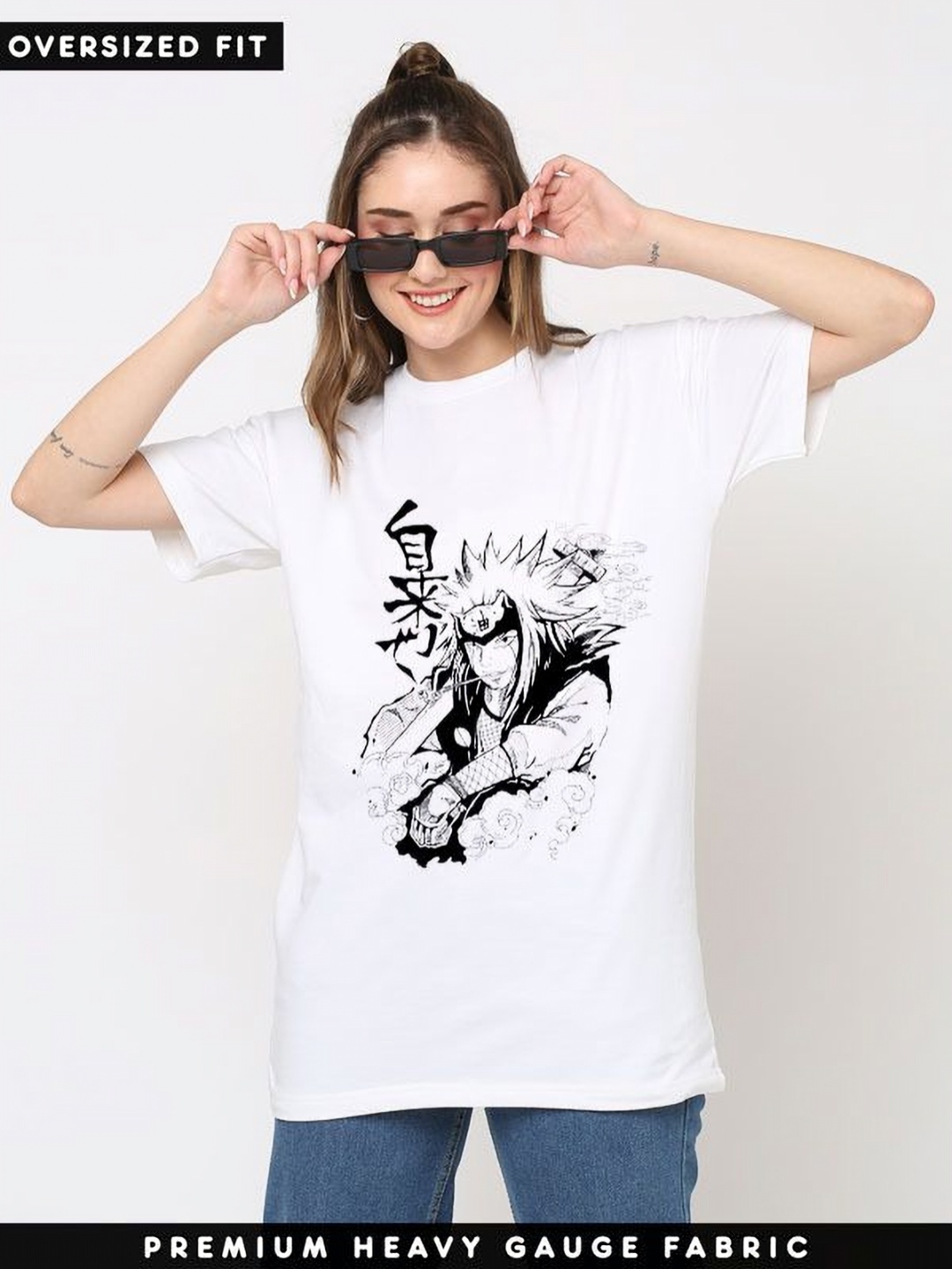 

REVEXO Women Graphic Printed Round Neck Cotton Oversized T-shirt, White