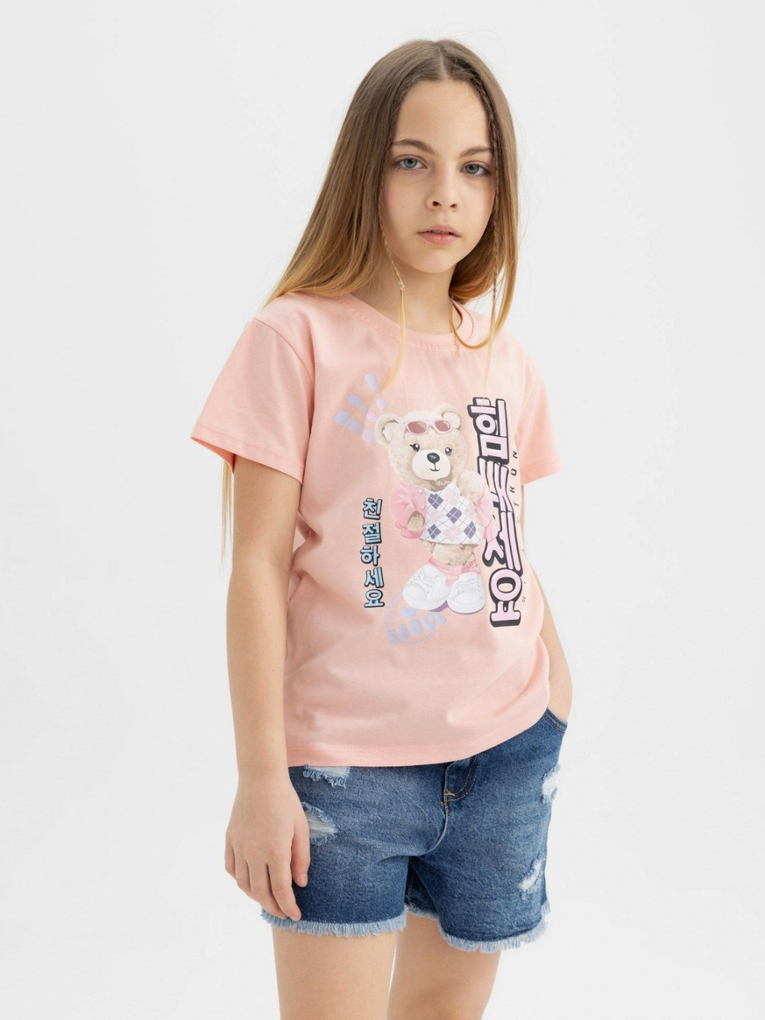 

DeFacto Girls Graphic Printed Round Neck Cotton T-shirt, Peach